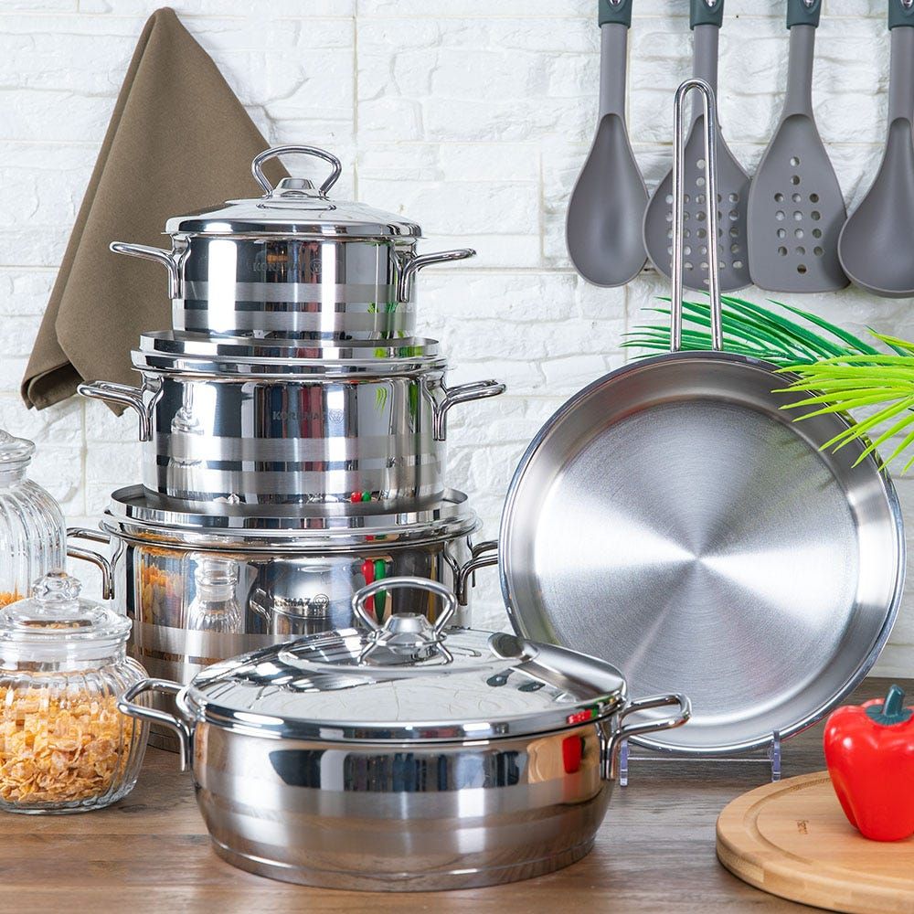 Korkmaz Aster 9 Pieces 18/10 inox Cookware Set, Induction Base Pots and Pans Set Silver 9 Pcs