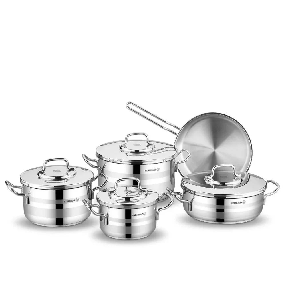 Korkmaz Aster 9 Pieces 18/10 inox Cookware Set, Induction Base Pots and Pans Set Silver 9 Pcs