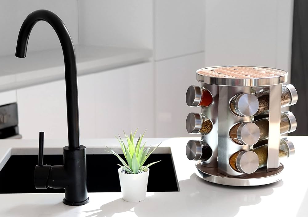 Spice Carousel 360° Rotating Spice Rack, 12 Spice Jars, Food Grade 430 Stainless Steel Rotating Kitchen Spice Rack, Spice Jars for Sprinkling, with Label Paper and Writing Pen ( C634)