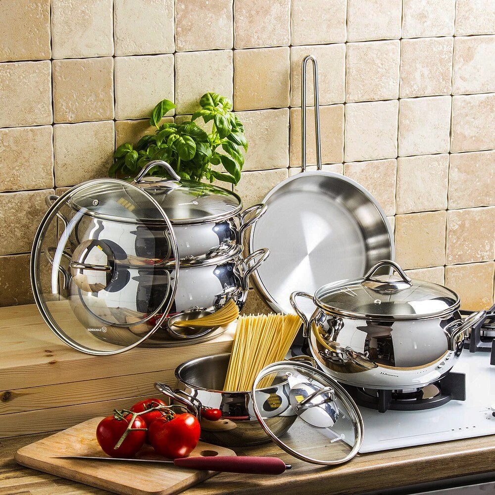 Korkmaz Tombik 9 Pieces Cookware Set 18/10 , Induction Base Pots and Pans Set Silver 9 Pcs A1800