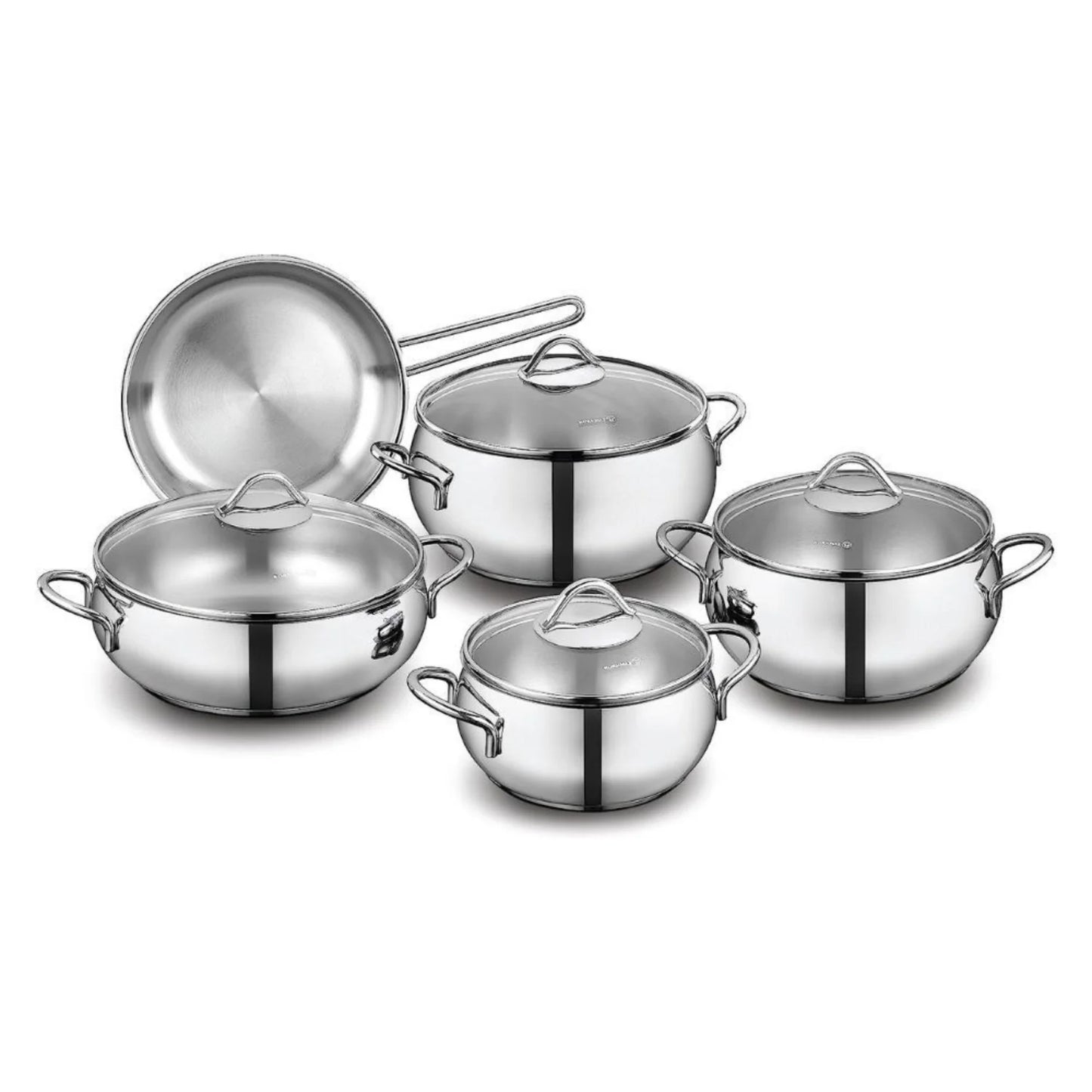 Korkmaz Tombik 9 Pieces Cookware Set 18/10 , Induction Base Pots and Pans Set Silver 9 Pcs A1800
