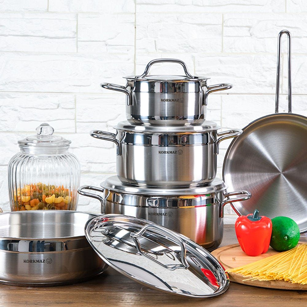 Korkmaz Alfa 9 Pieces 18/10 Cookware Set, Induction Base Pots and Pans Set Silver