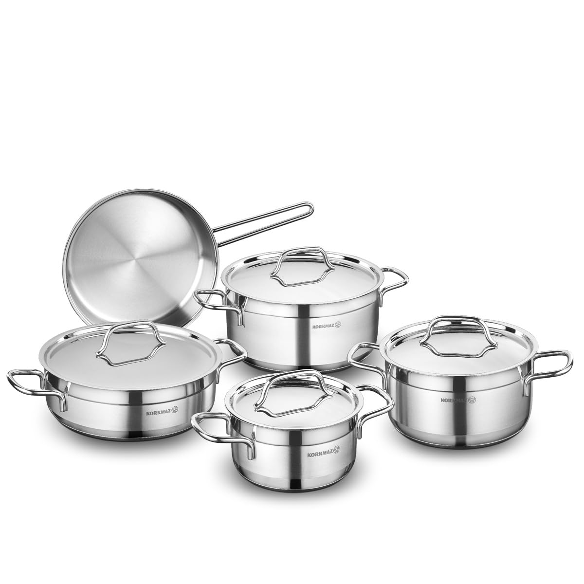 Korkmaz Alfa 9 Pieces 18/10 Cookware Set, Induction Base Pots and Pans Set Silver