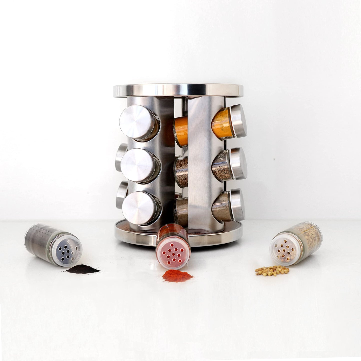 Spice Carousel 360° Rotating Spice Rack, 12 Spice Jars, Food Grade 430 Stainless Steel Rotating Kitchen Spice Rack, Spice Jars for Sprinkling, with Label Paper and Writing Pen ( C634)