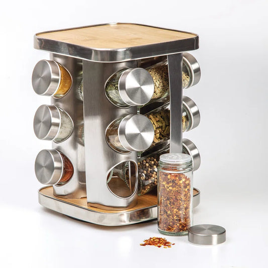 Rotating Spice Rack Organizer with Jars(12 pcs ), Seasoning Organizer for Cabinet, Kitchen Spice Racks for Countertop, Revolving Stainless Steel Spice Organizer (C633)